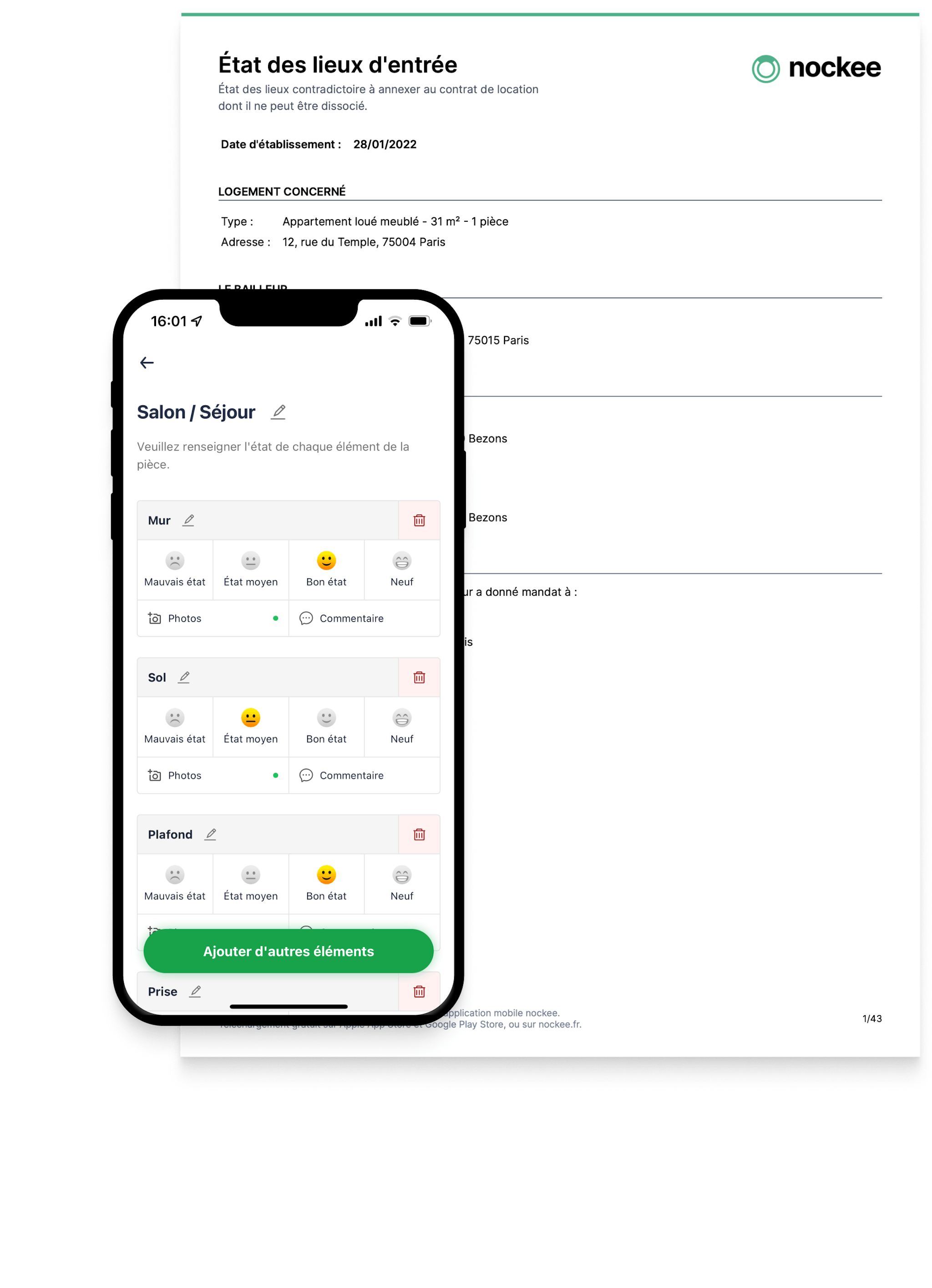 Visuel montrant l'application mobile nockee ainsi qu'un exemple d'état des lieux au format PDF