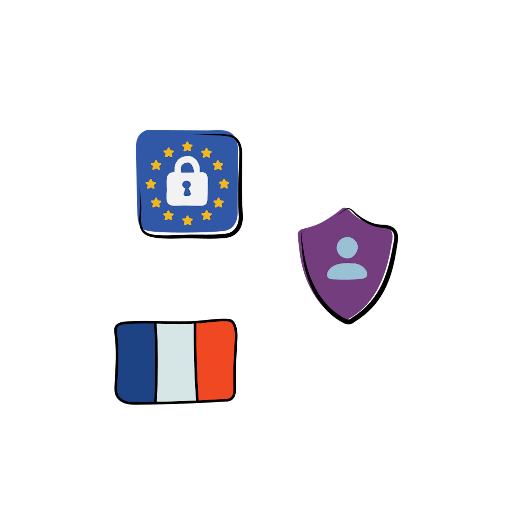 3 icônes avec le drapeau européen et français, illustrant la sécurité des données