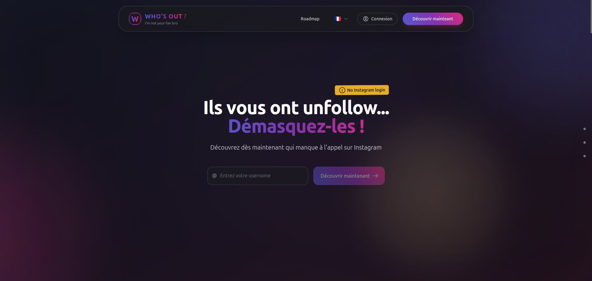 Hero section Who's out, une application SaaS pour les micro influenceur afin de reprendre le contrôle de leur compte Instagram