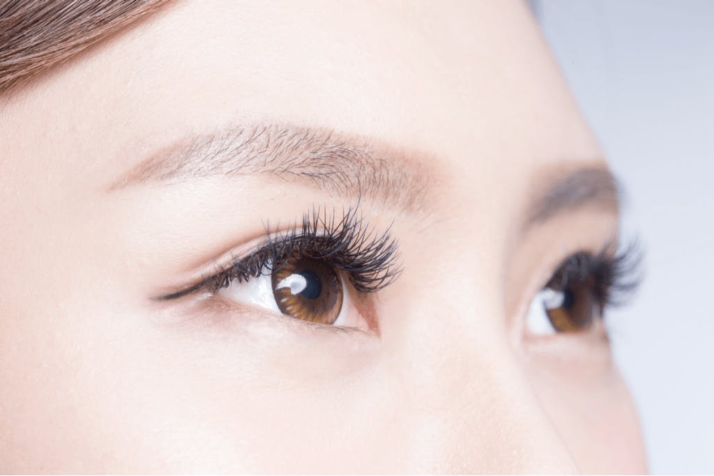 A close-up of a woman's eyes with a very light puppy dog eyeliner look and filled in eyebrows