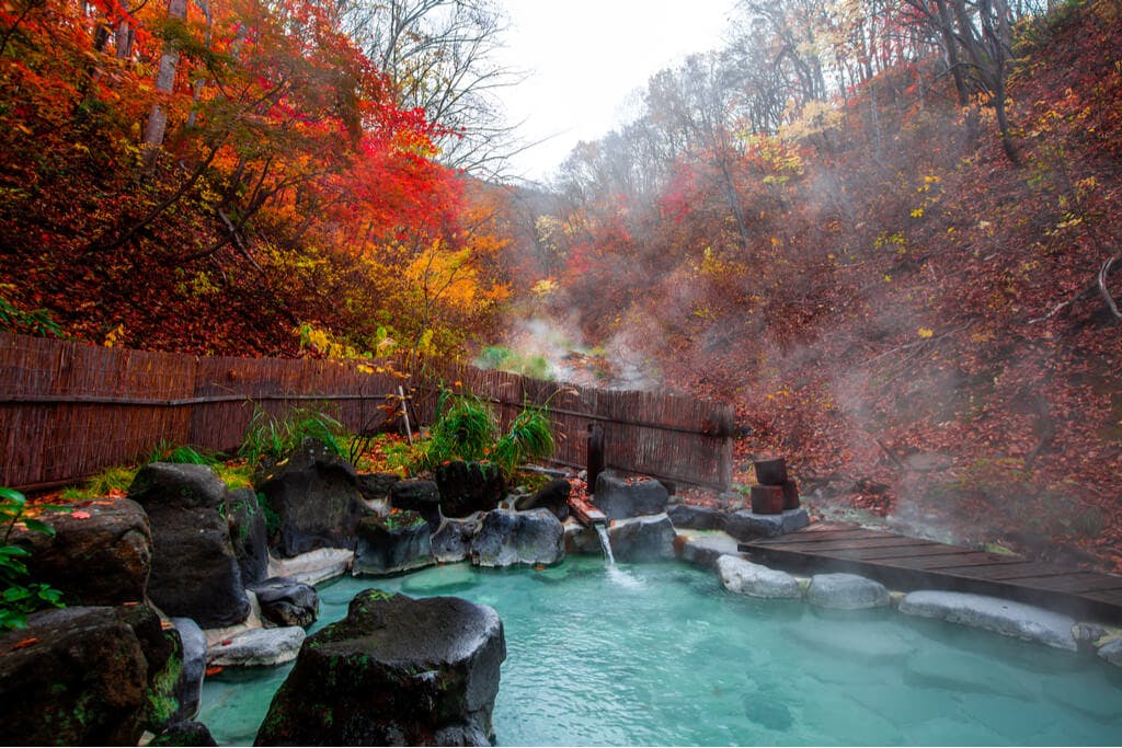 An outdoor onsen with rocks around it and outside of the fence has trees that are changing colors for fall