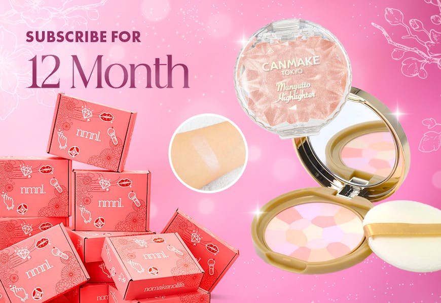 nmnl 12 months subscription use the code SAKURAGLOW to receive FREE CANMAKE Munyutto Highlighter + Sakura Tulle Marshmallow Finish Powder
