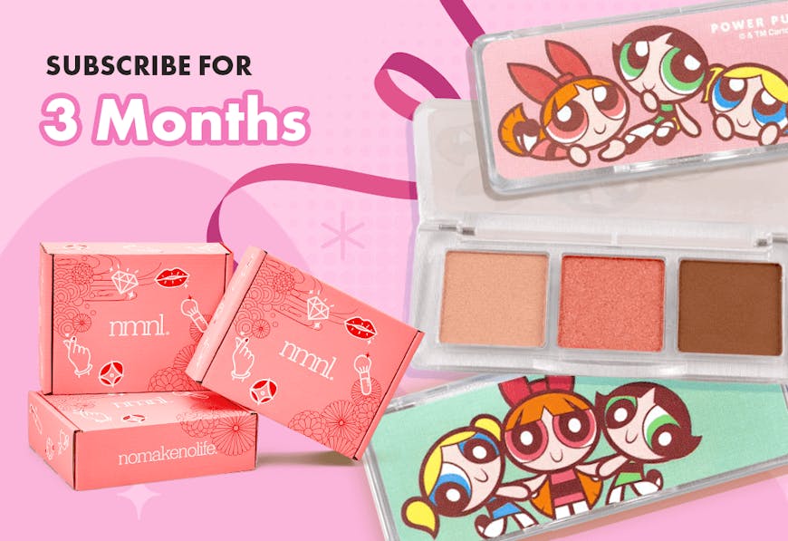 A promotion for nomakenolife December box Mistletoe Makeover, for a Powerpuff Girls 3 Color Eyeshadow Palette with code POWERPUFF 