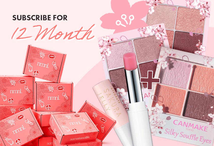 A promotion for nomakenolife's April box Spring Beauty Secrets, for a Cherry Blossom Tinted Serum and CANMAKE Cherry Blossom Eyehsadow with code BLOOM23