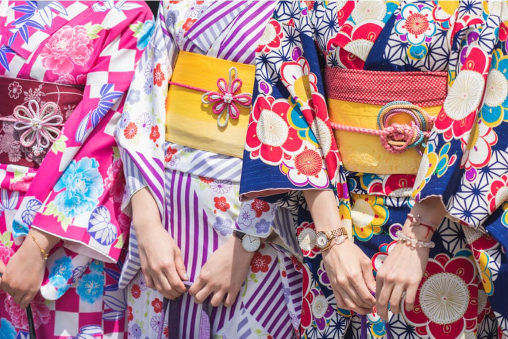 Close-up picture of three Japanese kimonos