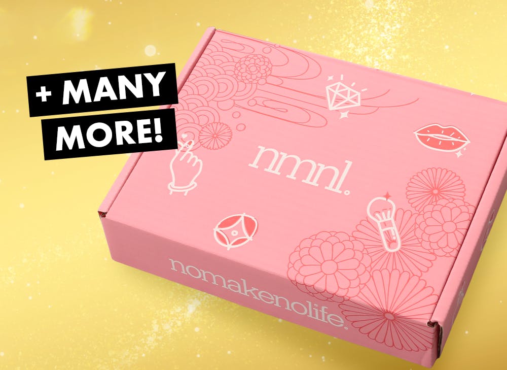 nmnl item reveal makeup items next to the nomakenolife makeup Holiday Glitz & Glam beauty box.