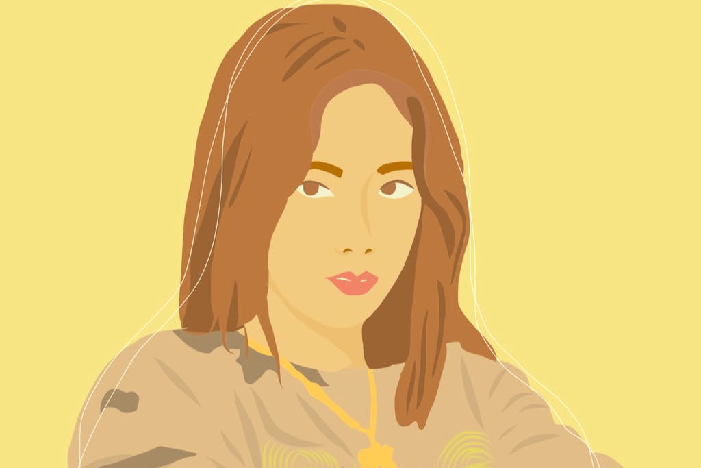 A drawing of Jisoo, a member of K-pop band BLACKPINK and popular Korean influencer, with her looking at the camera and wearing a sweater with a gold chain.