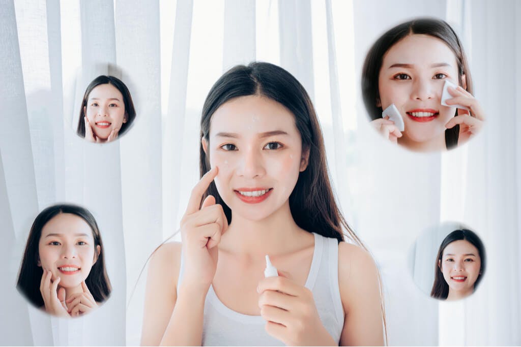 A woman with several smaller pictures of herself around her, all doing some part of a skincare routine