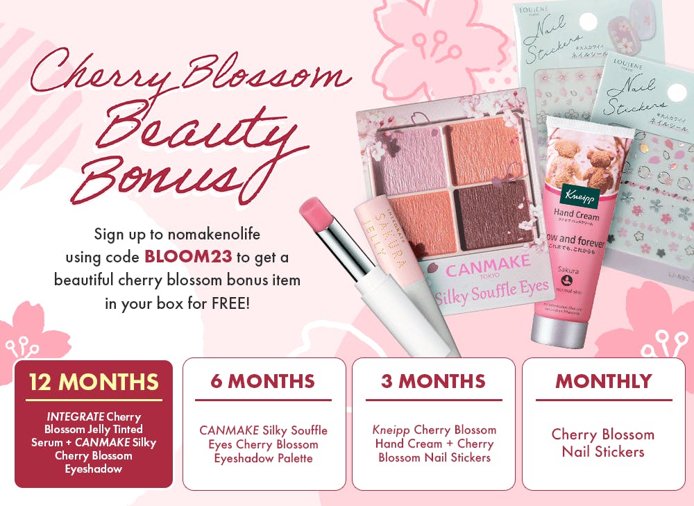 nomakenolife's April promo is Cherry Blossom Beauty Bonus and features K and J beauty cherry blossom cosmetics for FREE with code BLOOM23