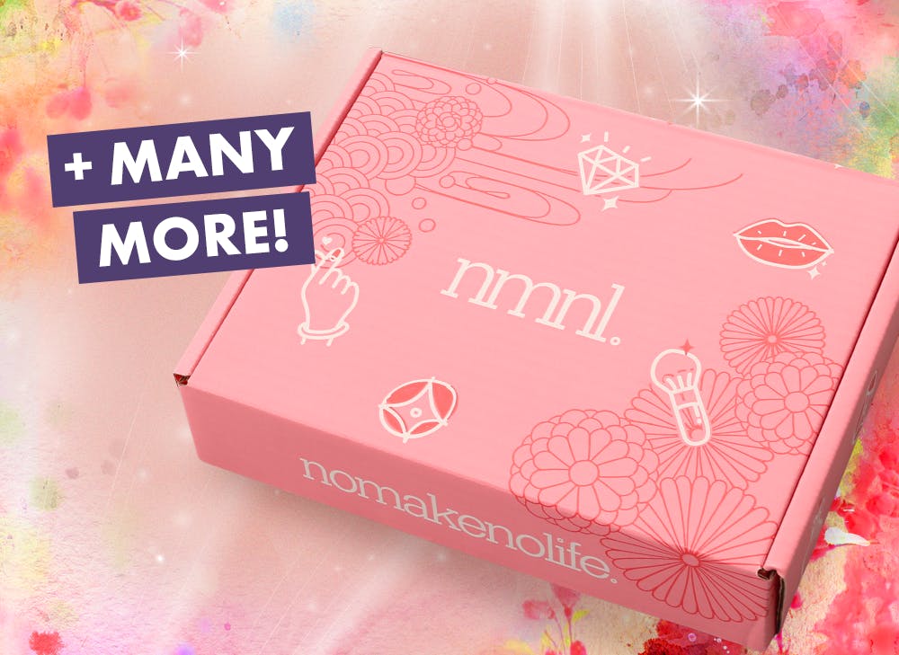 nmnl item reveal makeup items next to the nomakenolife makeup Full Bloom Beauty beauty box.