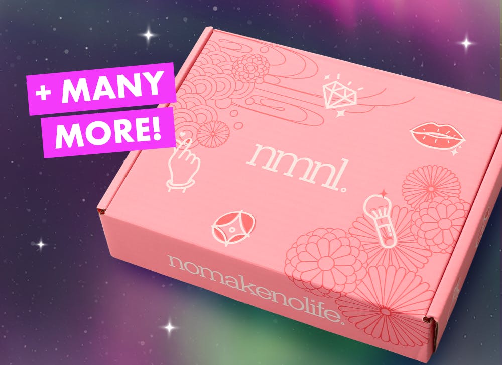 nmnl item reveals makeup items next to the nomakenolife makeup Radiant Winter Glow box.