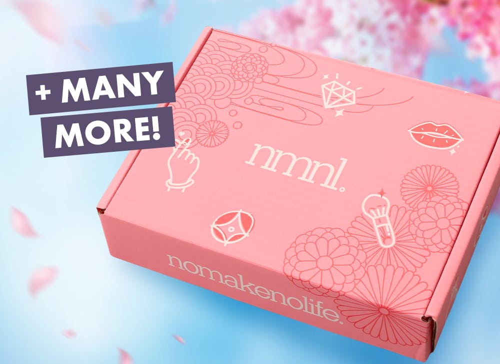 nmnl item reveals makeup items next to the nomakenolife makeup Sakura Petal Glow box.


