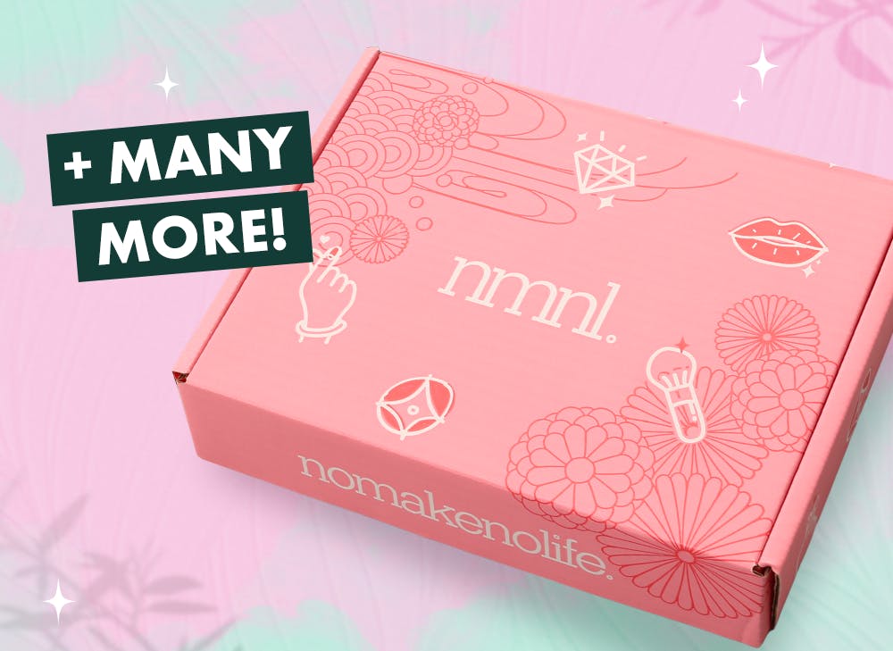 nmnl item reveal makeup items next to the nomakenolife makeup Natural Glow Beauty box.