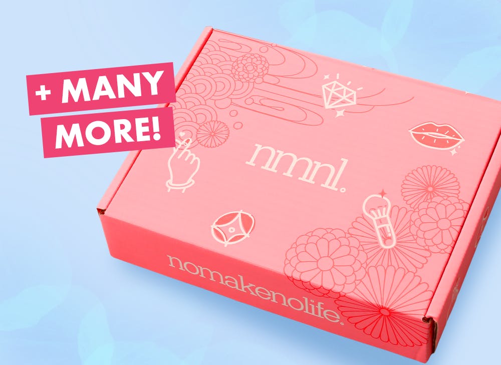 nmnl item reveals makeup items next to the nomakenolife Sweet Sakura Glow box.