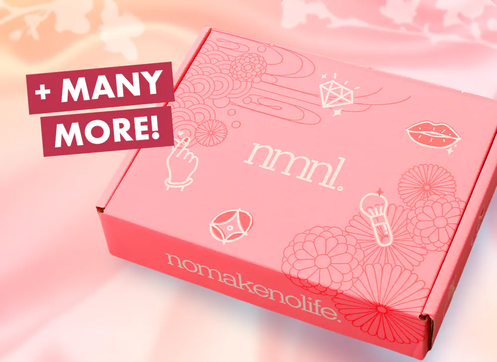 nmnl item reveals makeup items next to the nomakenolife Cherry Blossom Beauty box.