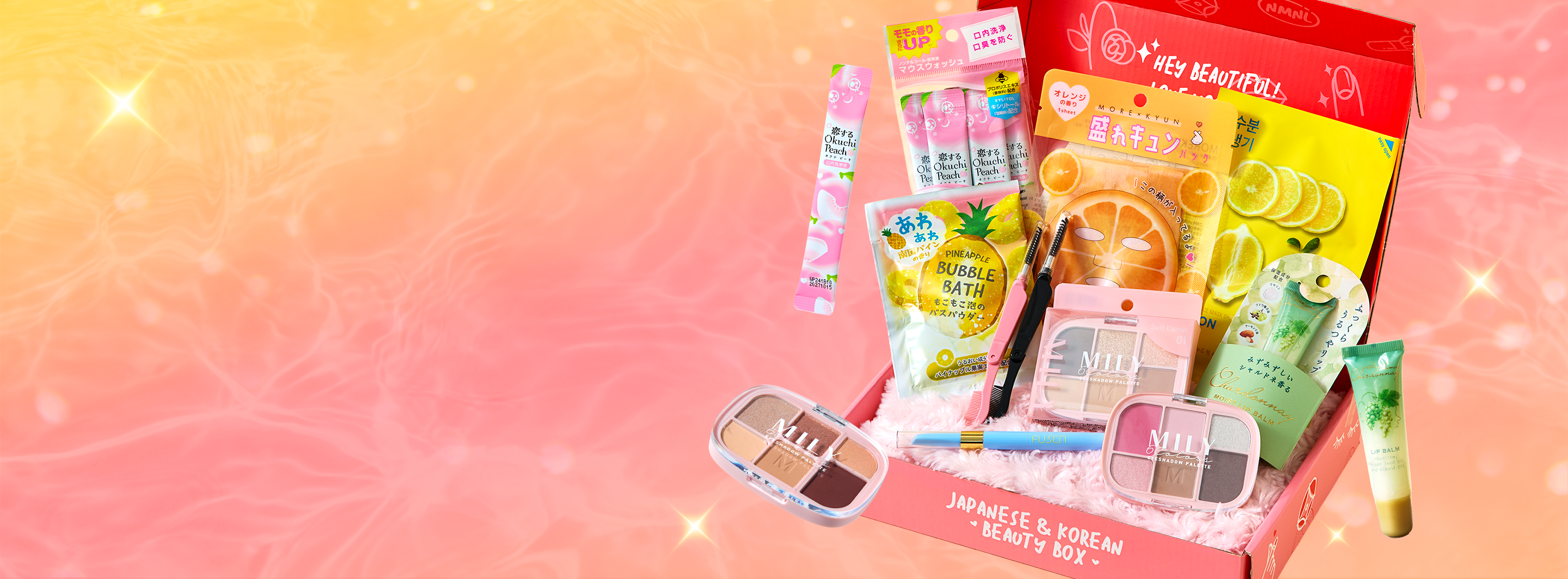 nmnl item reveal makeup items next to the nomakenolife makeup Tropical Summer Glow beauty box!