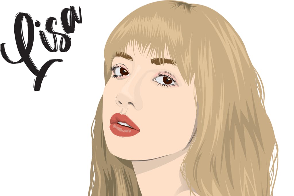 A drawing of Lisa, a member of K-pop group BLACKPINK and popular Korean Instagram influencer, with her head tilted up slightly and wearing red lipstick with her autograph in the corner.