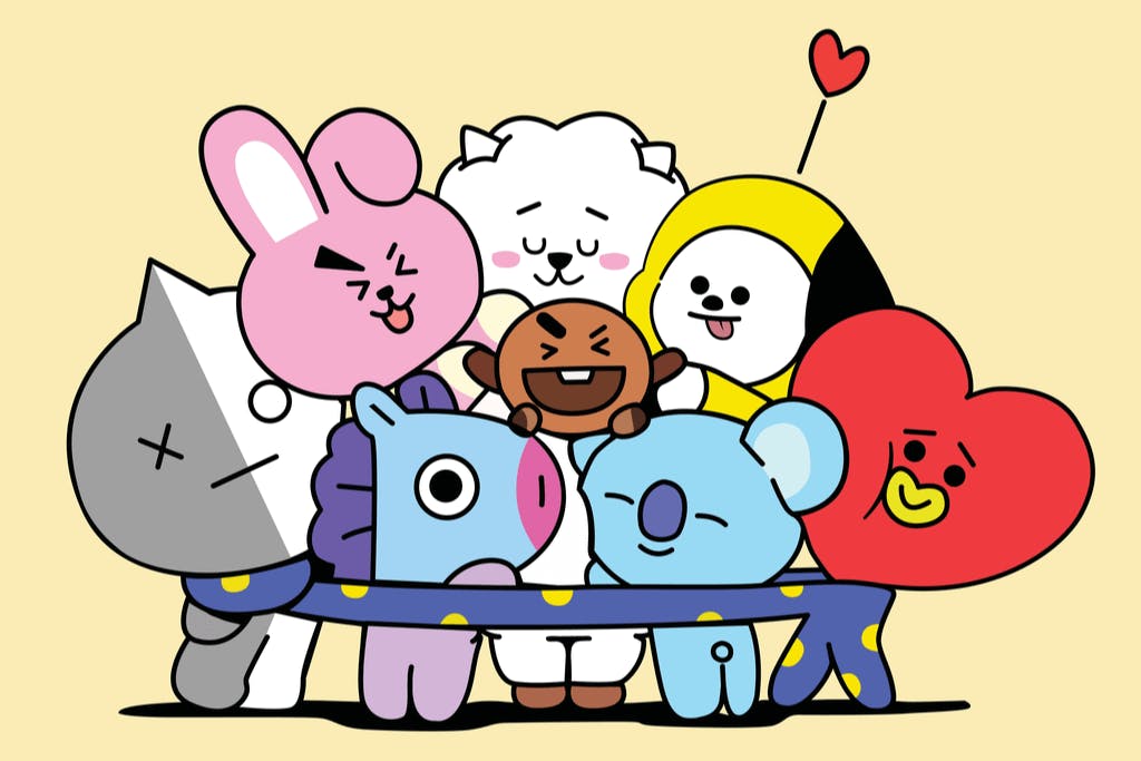The BT21 characters all grouped together with Tata using his long arms to hug everyone.