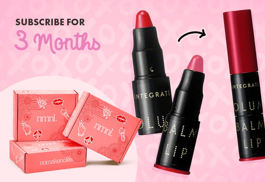 A promotion for nomakenolife February box Blushing Beauty, for a INTEGRATE Volume Balm Lip N Mini Set Sakura Pink with code PINKKISS