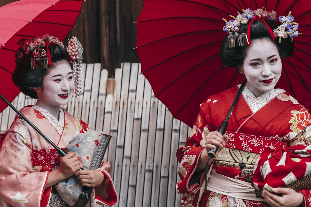 Two Japanese geisha wear their hair up, which is shiny due to ancient Japanese hair care methods, as they hold umbrellas and take photos together.