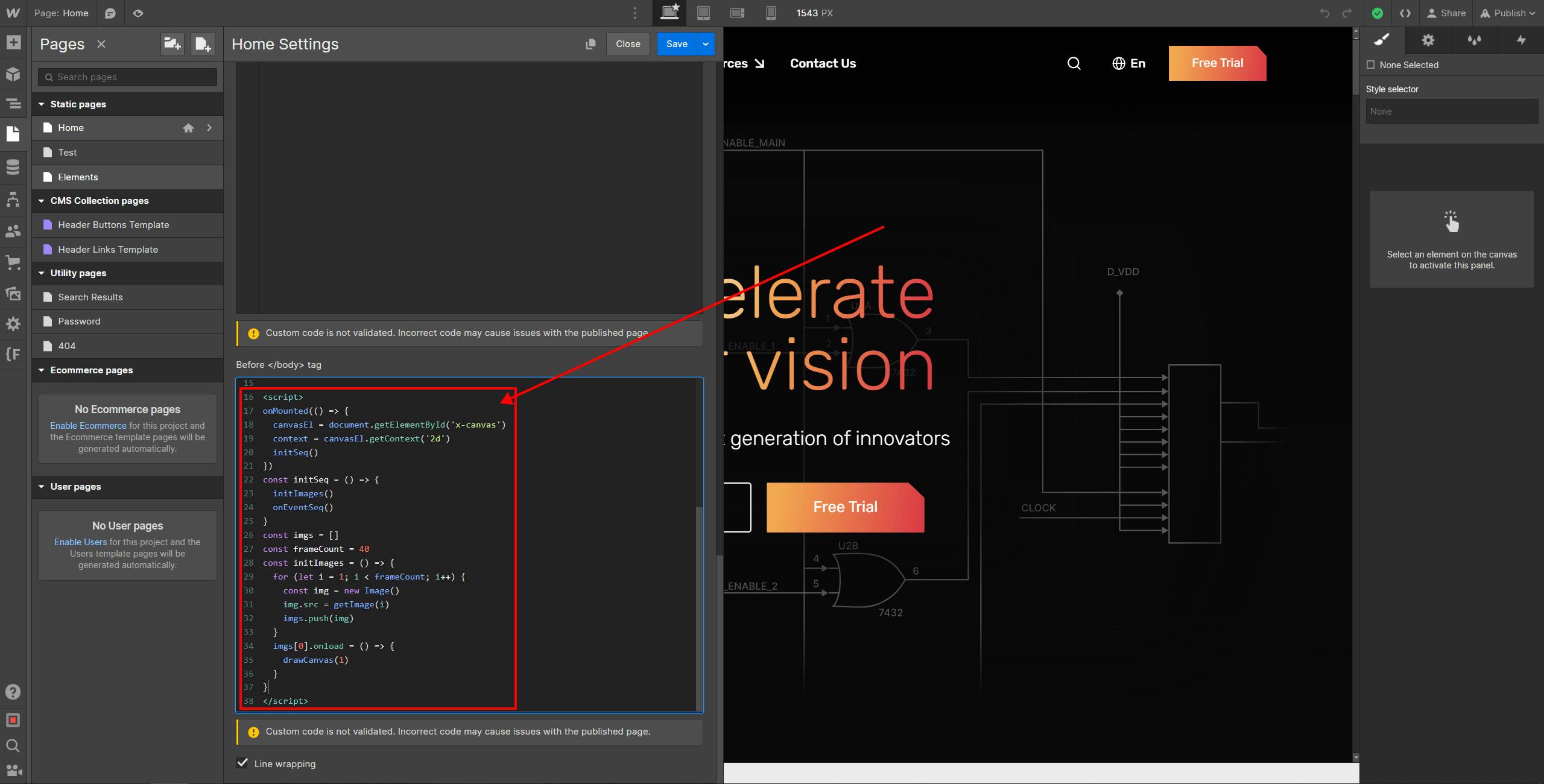 Custom code to implement on-scroll 3D animation in Webflow.