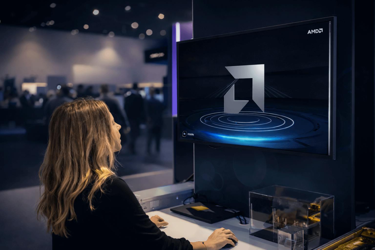Enterprise immersive event experience showcasing an interactive AMD digital environment at a technology exhibition.