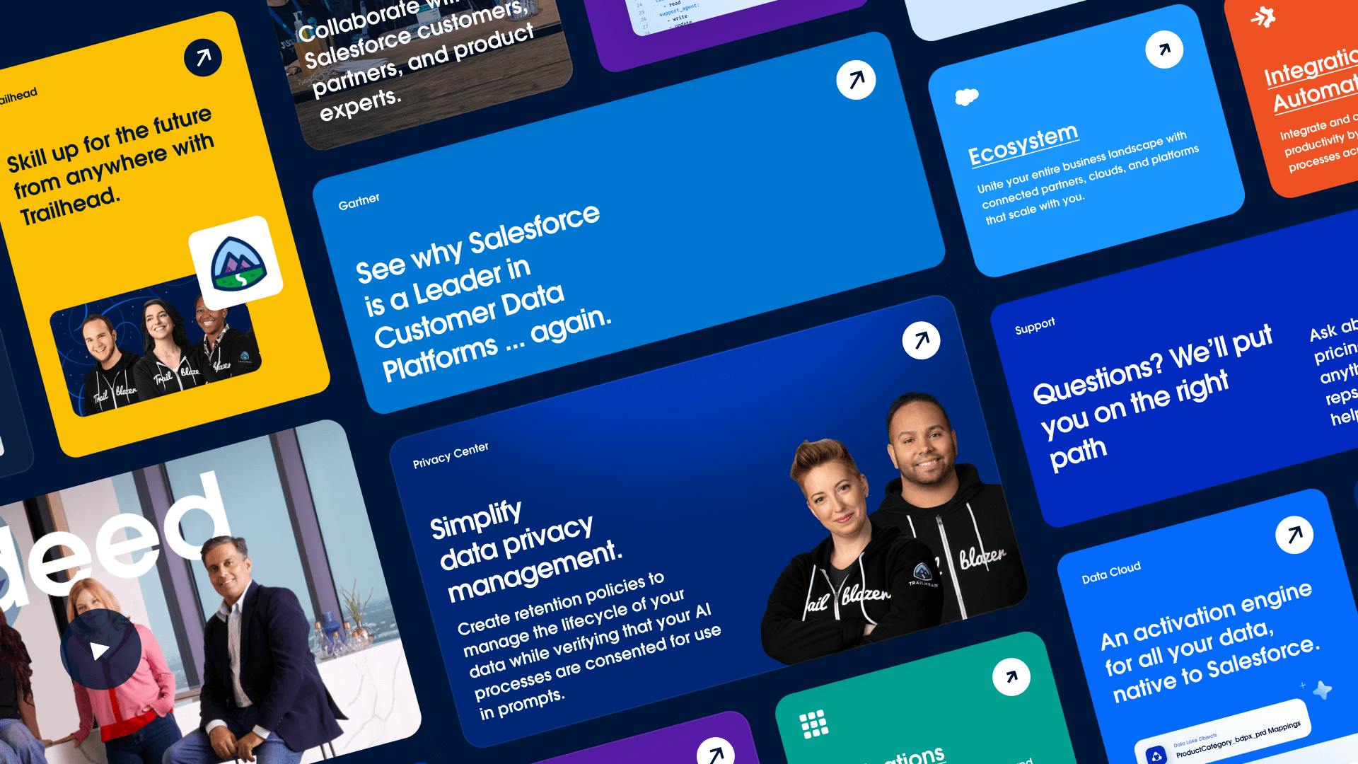 Interactive 3D glass tile navigation with physics-based motion for Salesforce unified platform ecosystem