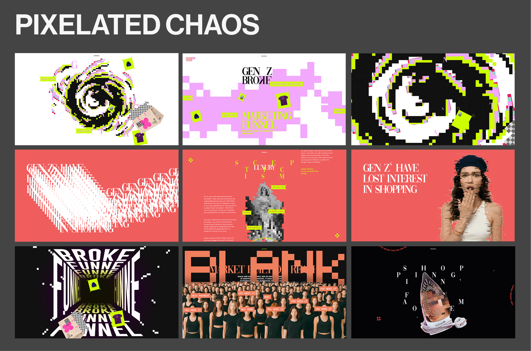 Pixelated chaos design treatment showing glitch effects, neon highlights, and distorted imagery illustrating Gen Z's fragmented shopping experience - interactive editorial design by Noomo for Vogue Business