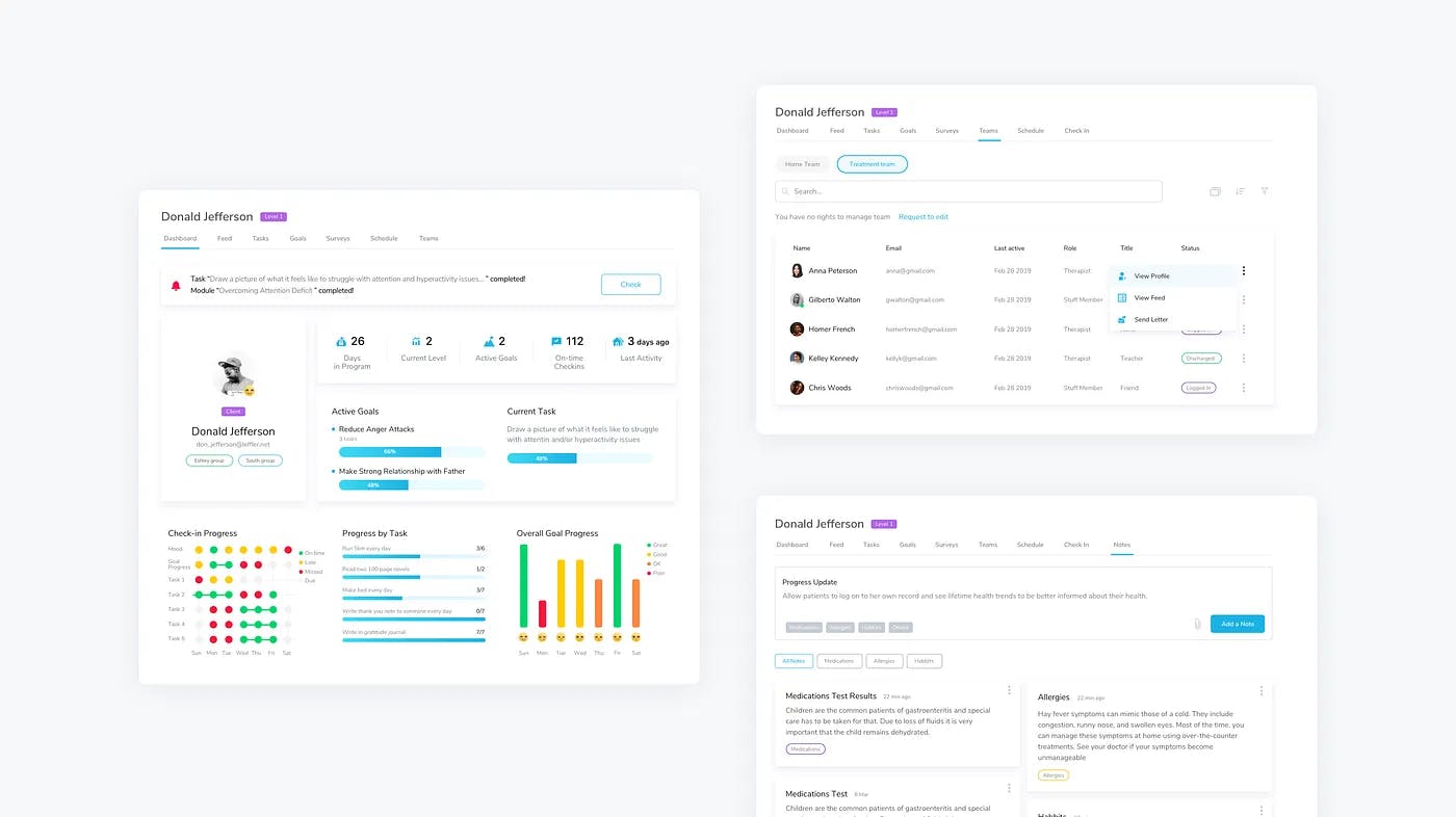 Design for client's personal page: Dashboard, Teams and Notes.