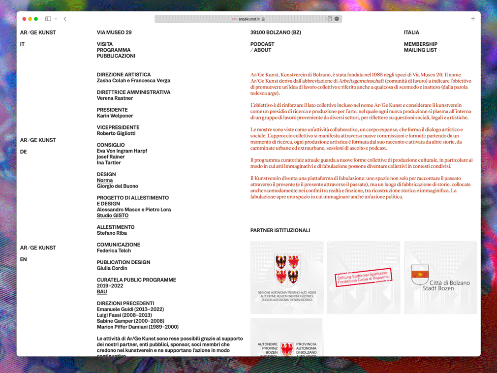 Sviluppo web galleria Ar/Ge Kunst Bolzano about