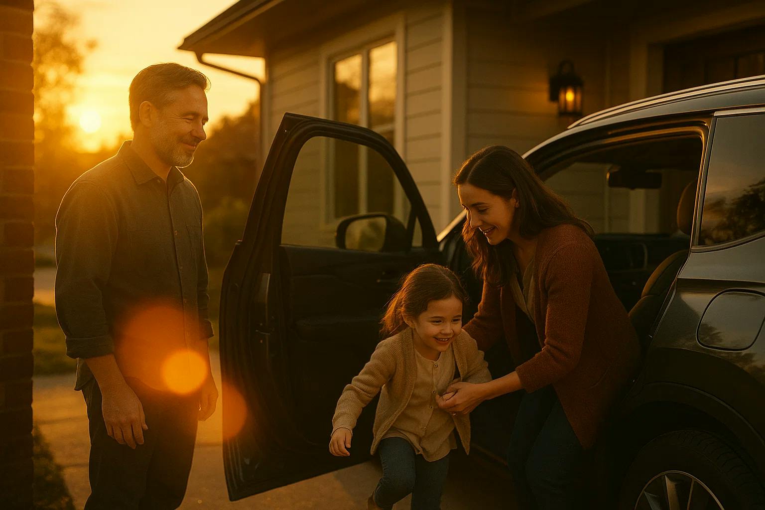 Pai observa mãe e filha saindo do carro da família ao entardecer, uma cena que ilustra a segurança e a paz de espírito do seguro auto anual da Justos.