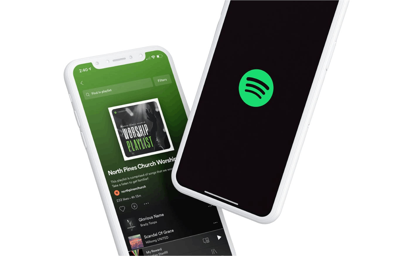 Mobile phone with North Pines Church Spotify playlist opened.