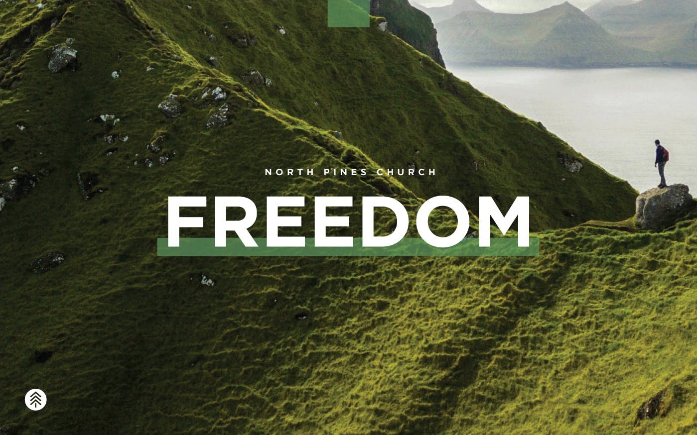 A person overlooking green mountains and lake with Freedom text overlay.