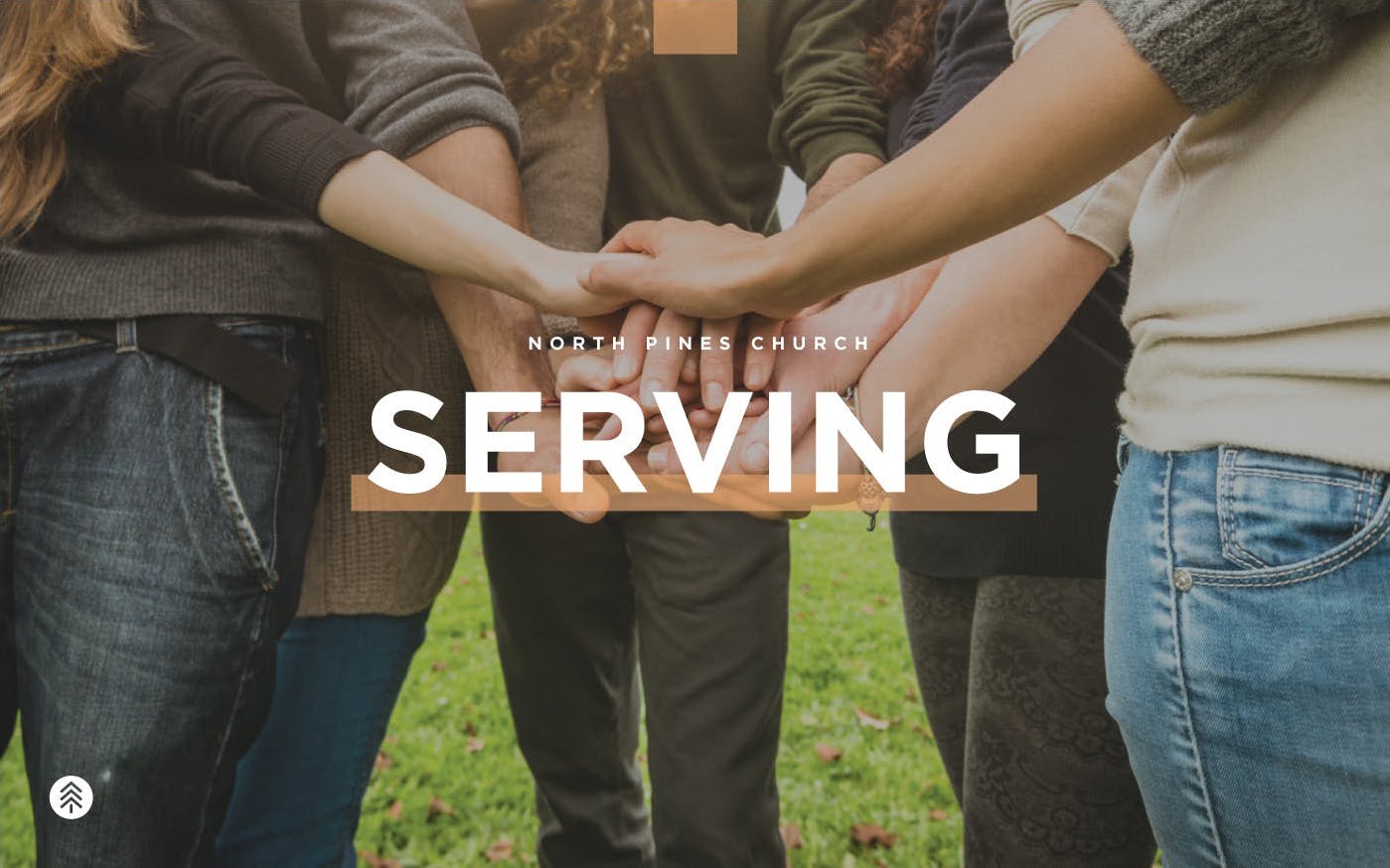 Circle of friends placing hands on top of each other with Serving text overlay.