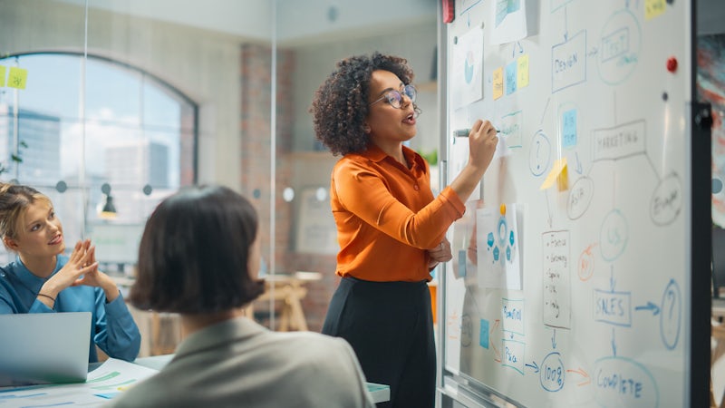 woman writing on a white board