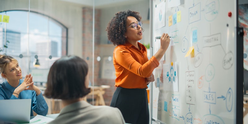 woman writing on a white board