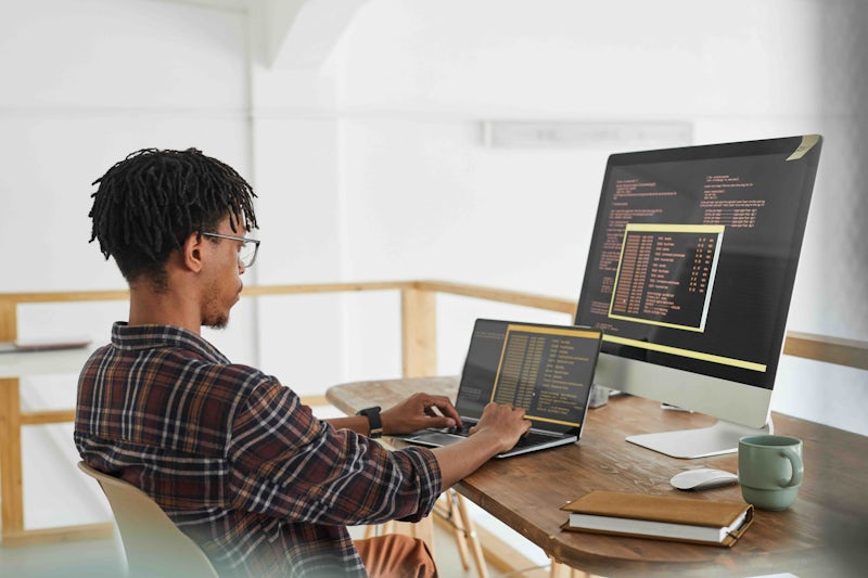 Male solo programming at work