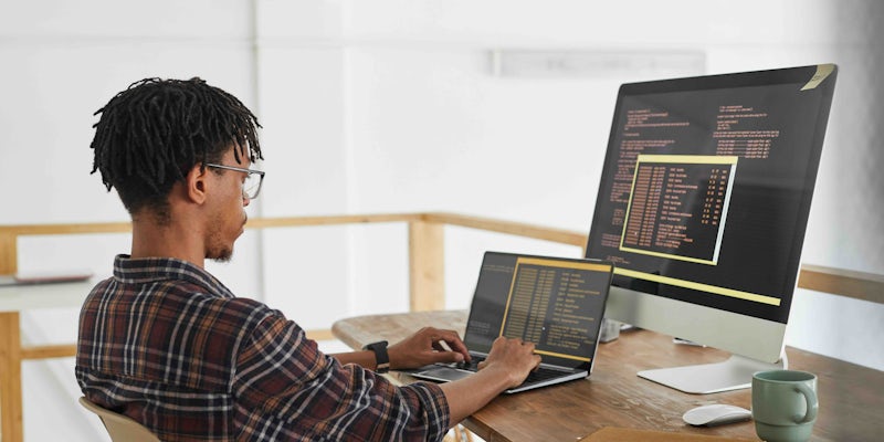 Male solo programming at work