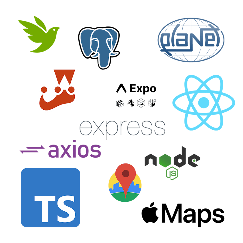 React Native, Express, NodeJs, Typescript, PosgreSQL, Expo, Google Maps API, Apple Maps API, Axios, Jest, PlanetAI API, iNaturalist API