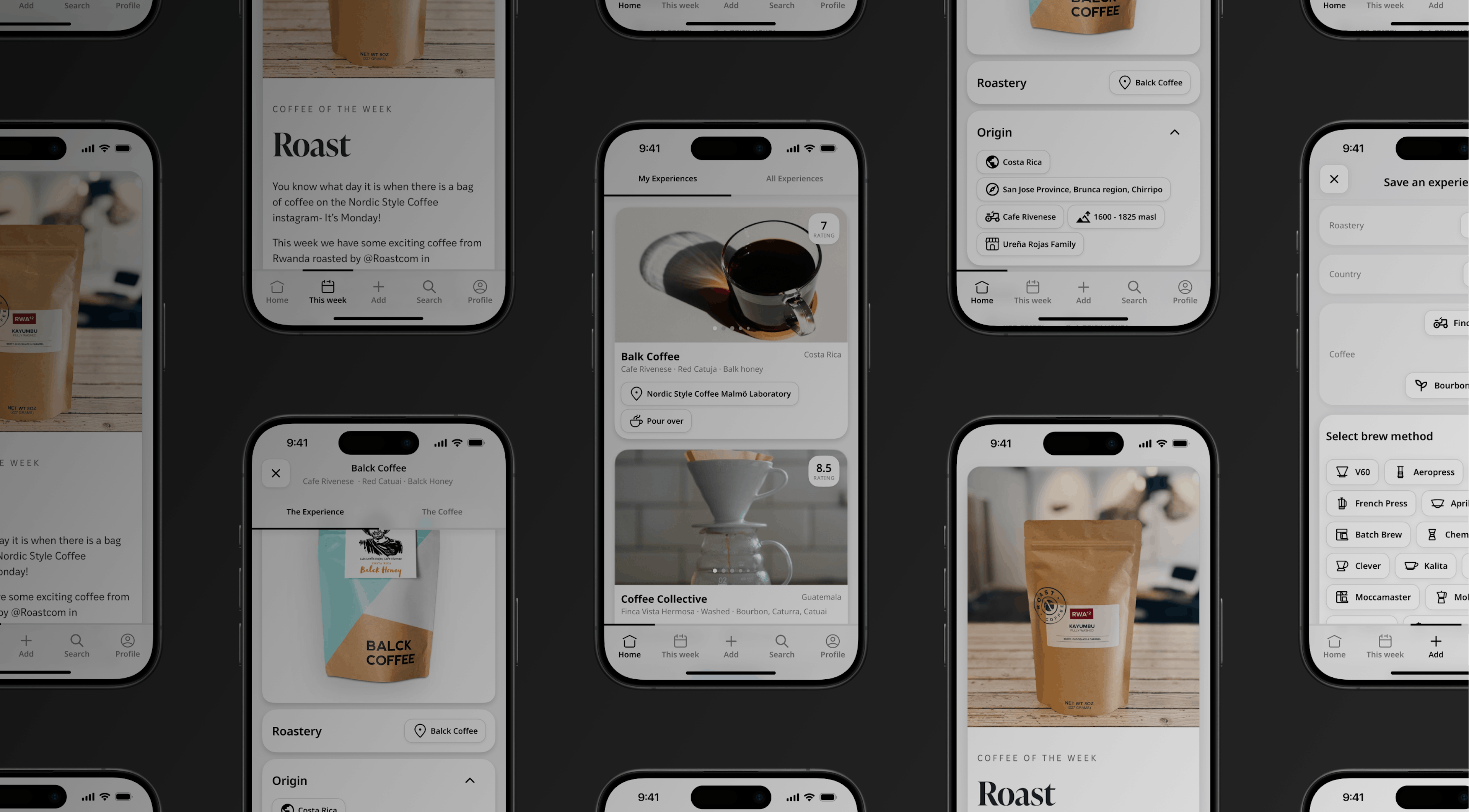 Collage of screens showcasing a coffee app