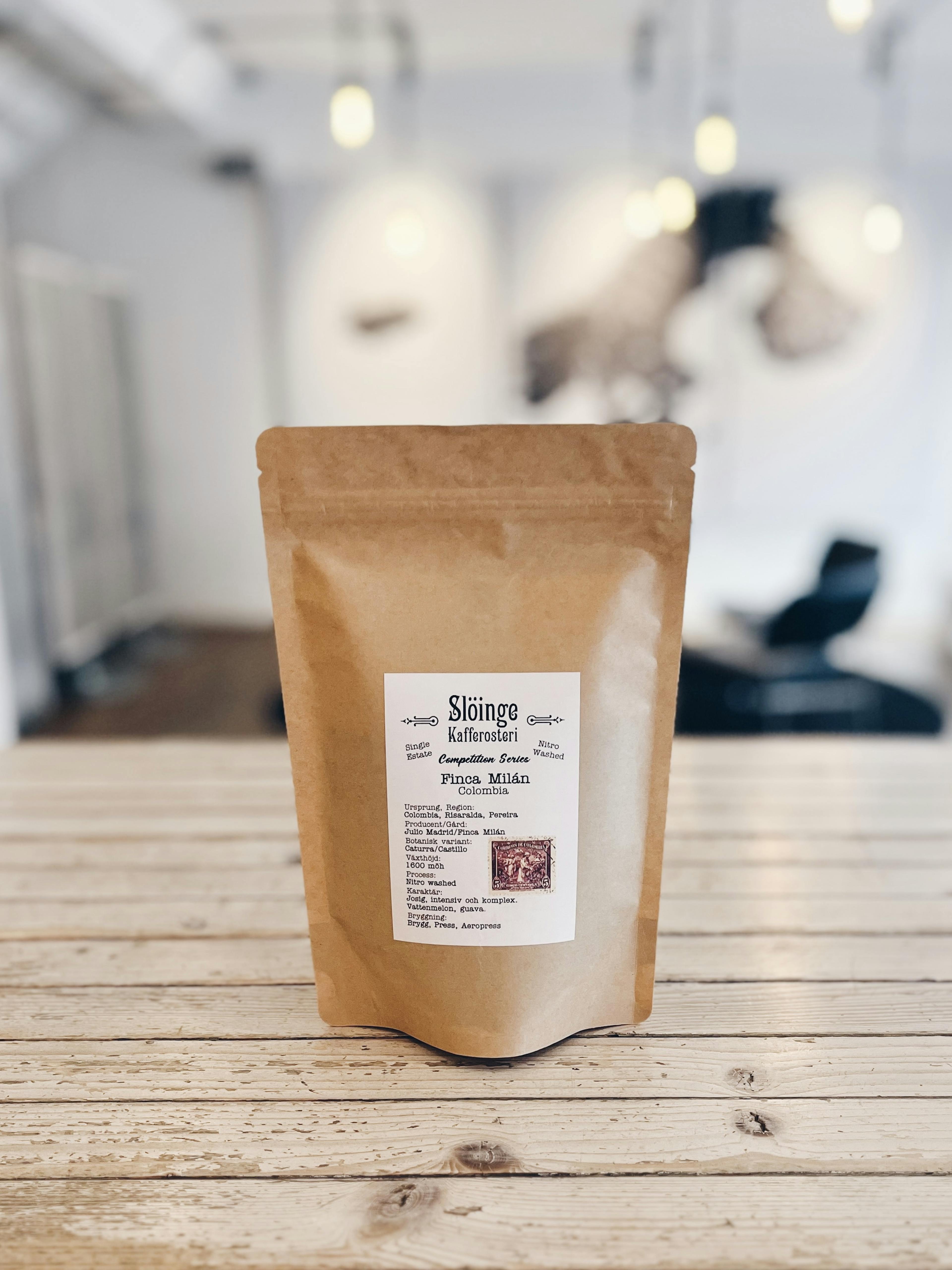 Bag of specialty coffee from Slöinge kafferosteri on a counter.