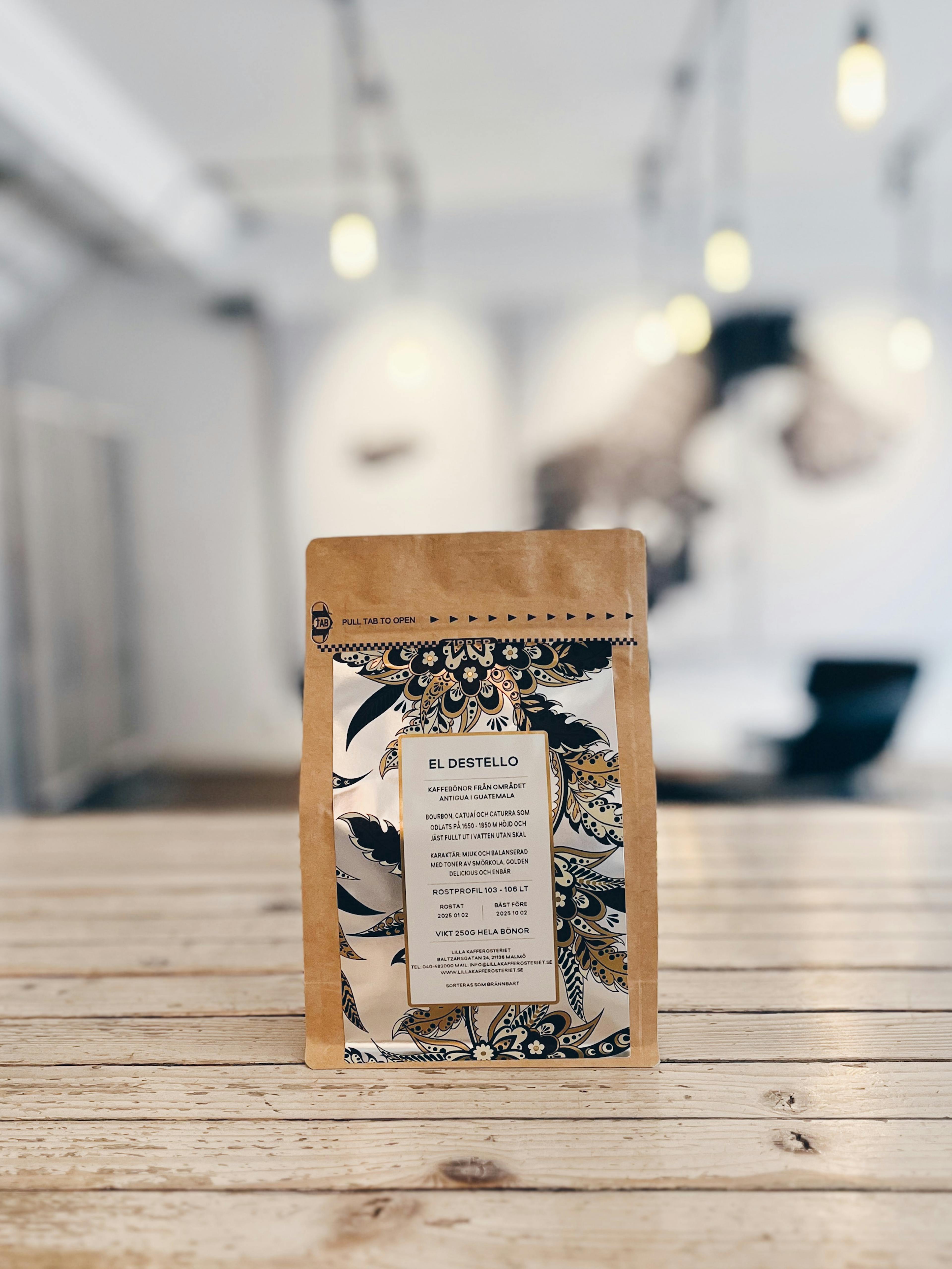 Bag of specialty coffee from Lilla Kafferosteriet on a counter