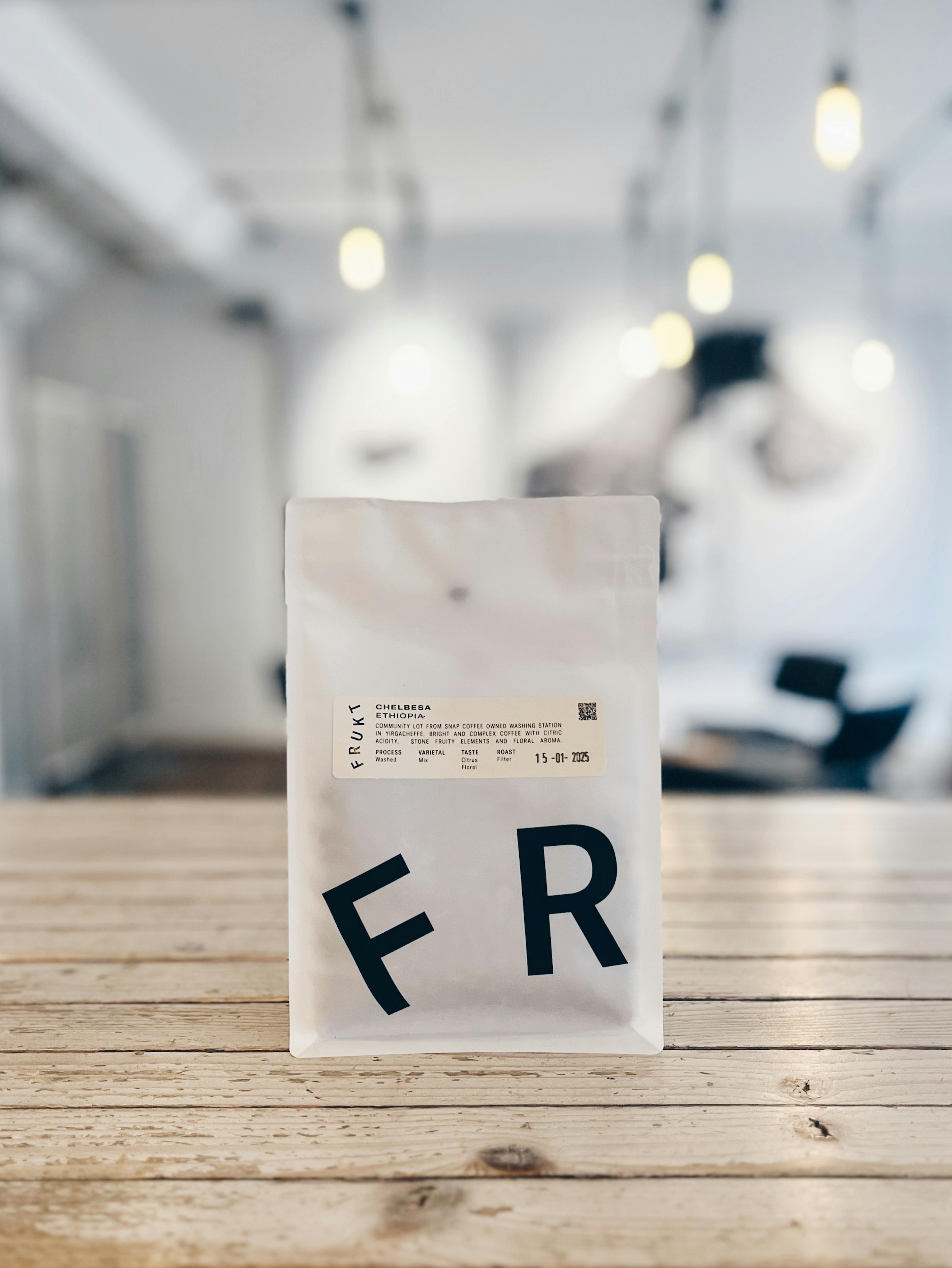 Bag of specialty coffee from Frukt roastery on a counter