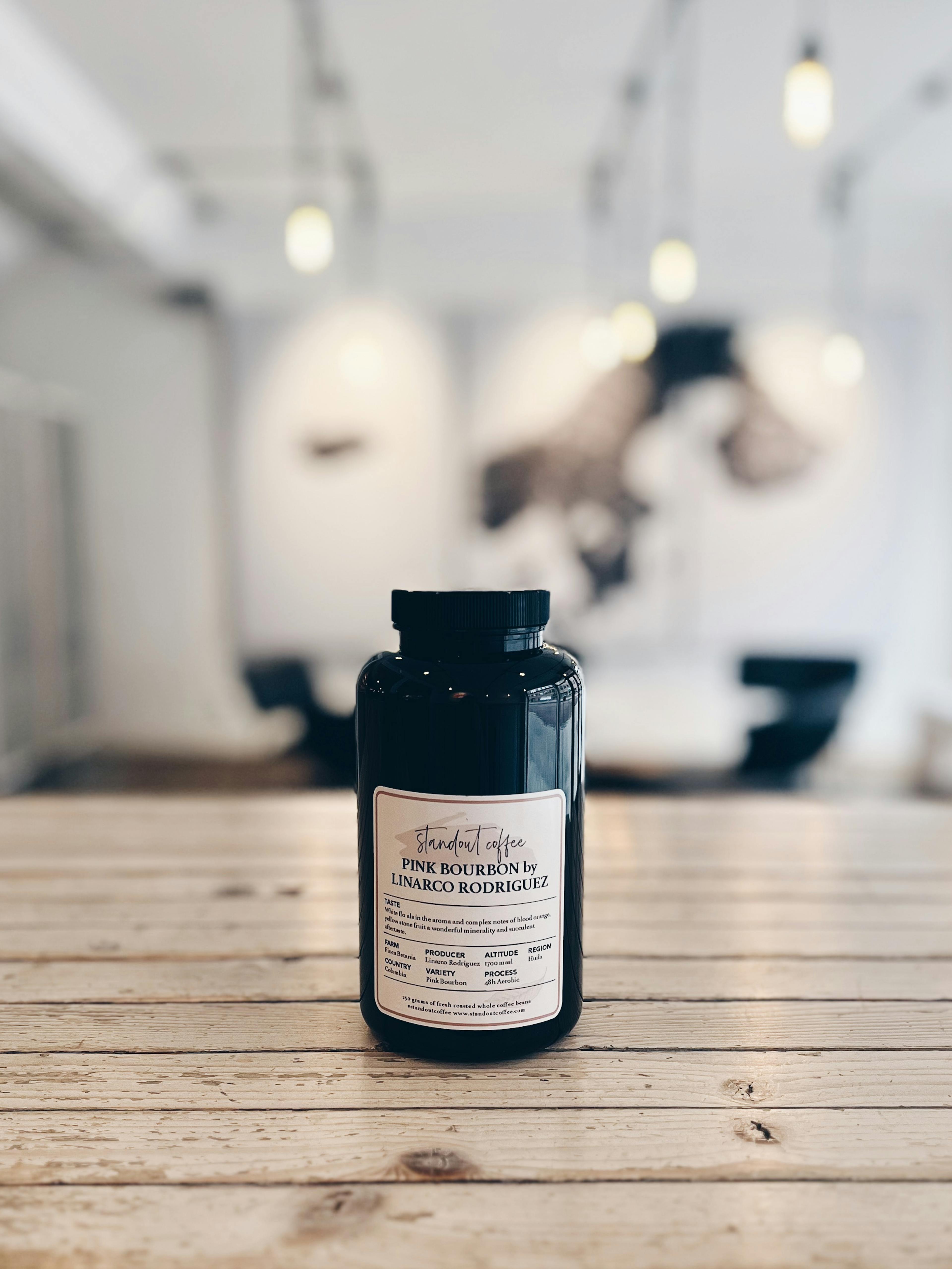 Jar of specialty coffee from Standout coffee on a counter