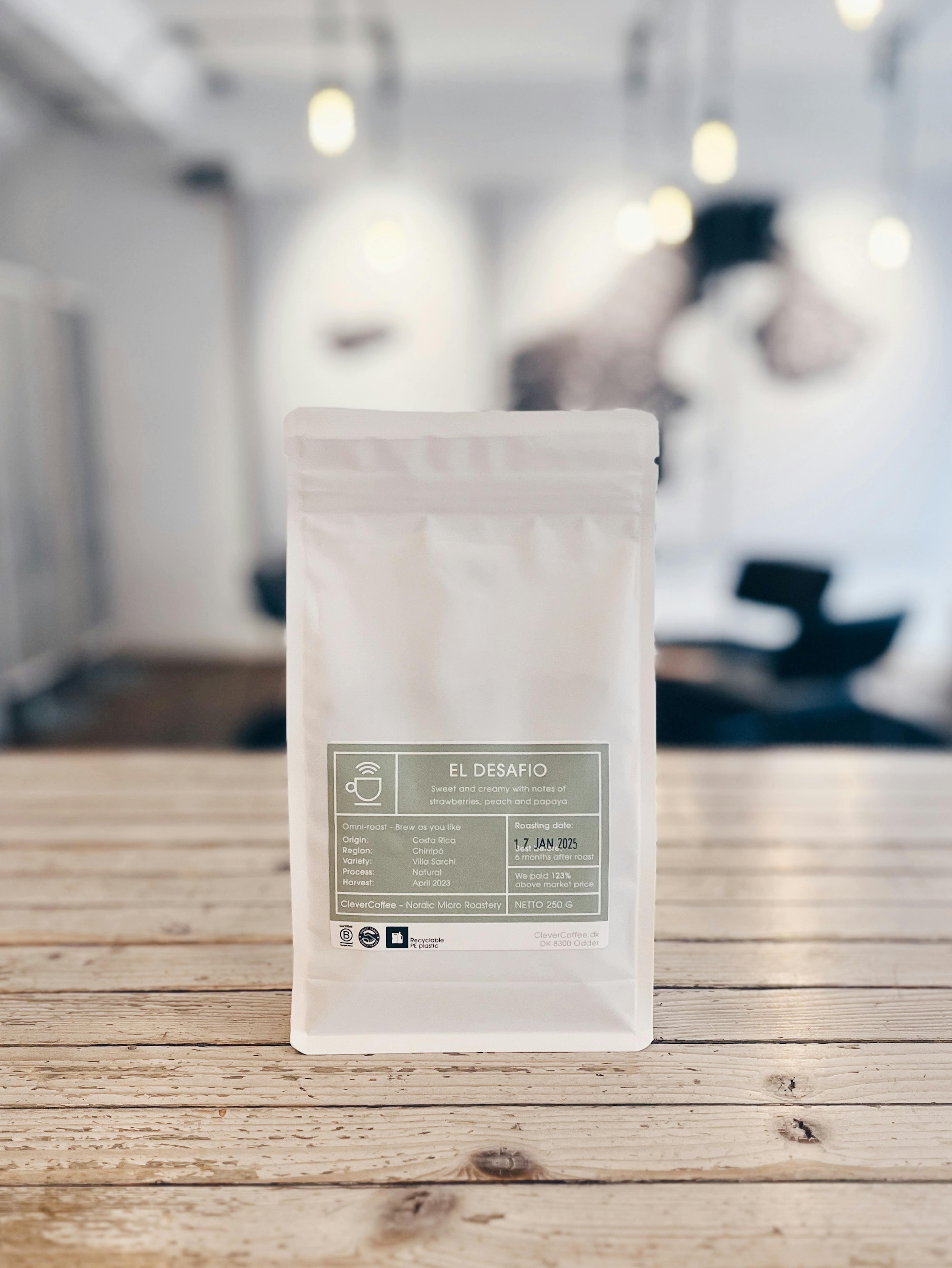 Bag of specialty coffee from Clever Coffee on a counter