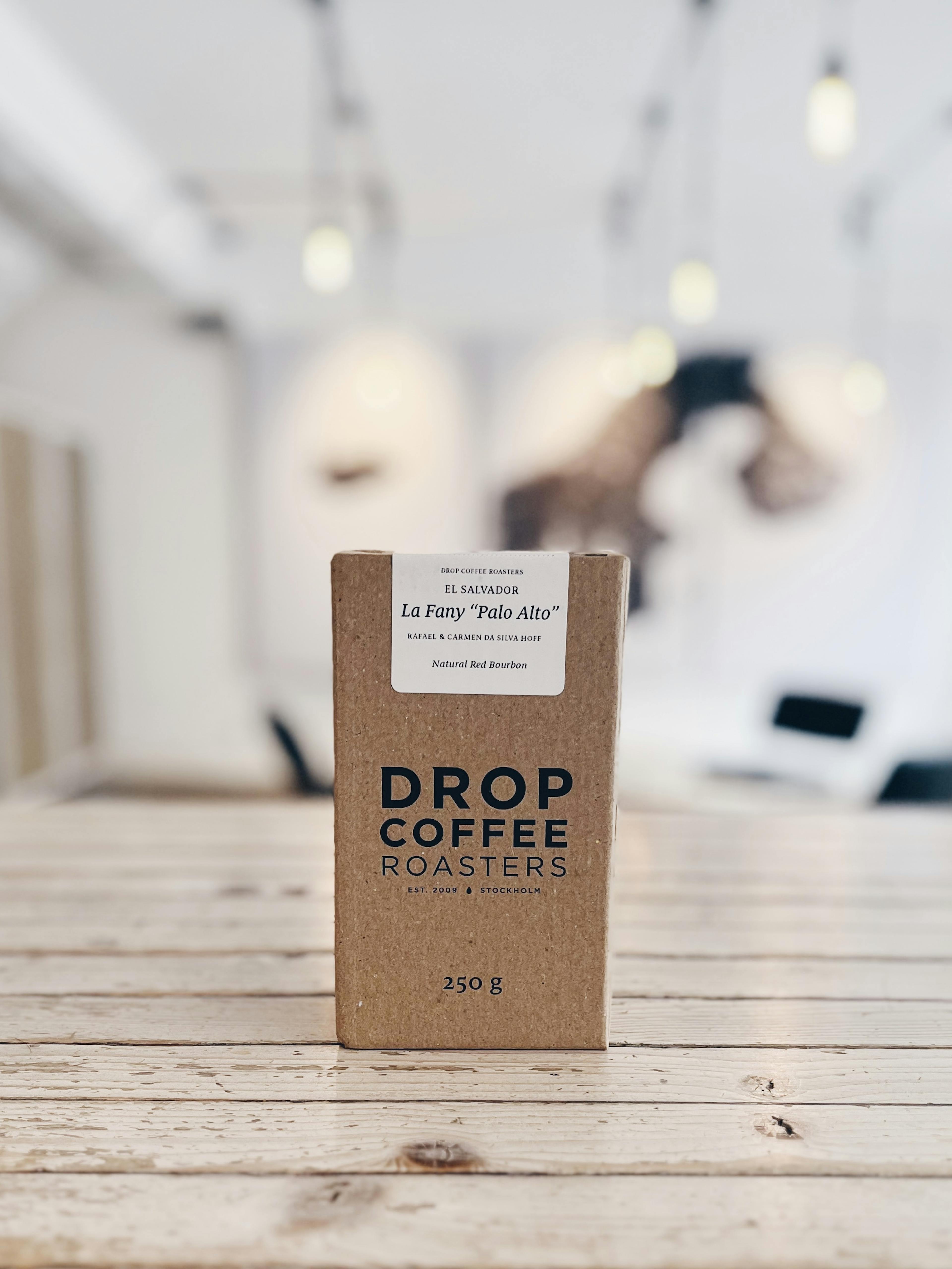 Box of specialty coffee from Drop coffee roasters on a counter