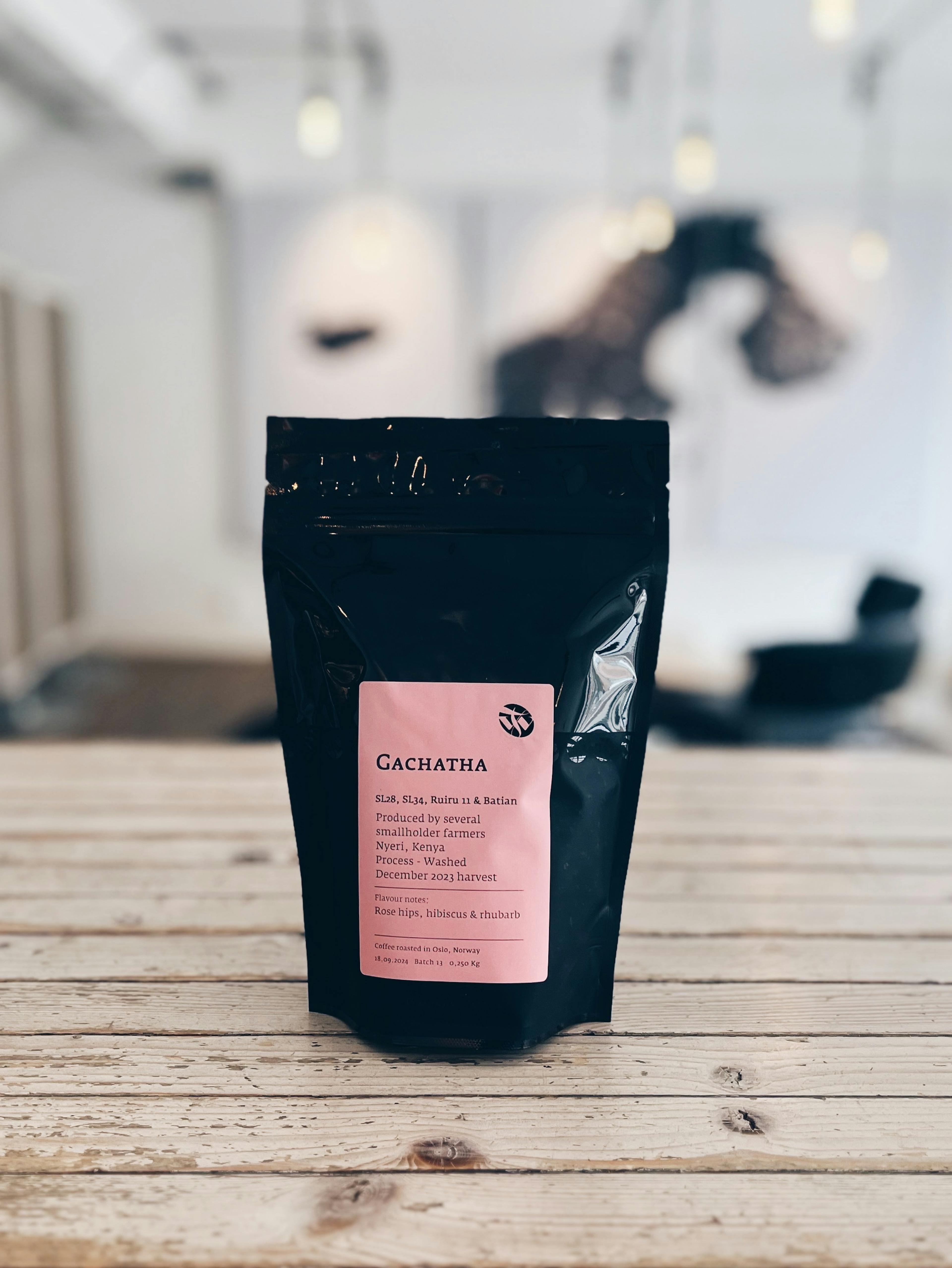 A bag of specialty coffee from Tim Wendelboe on a counter