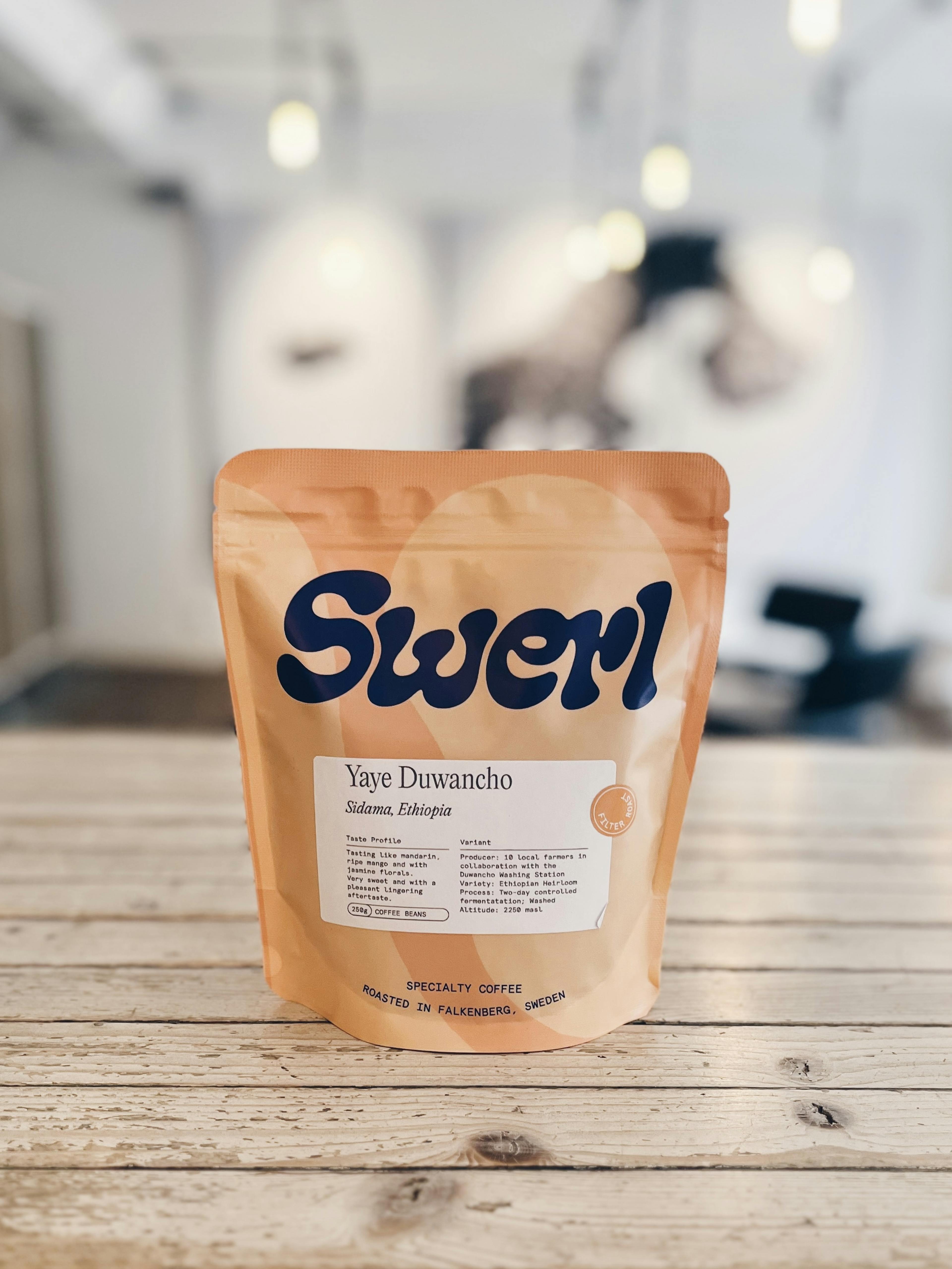 A bag of specialty coffee from Swerl on a counter