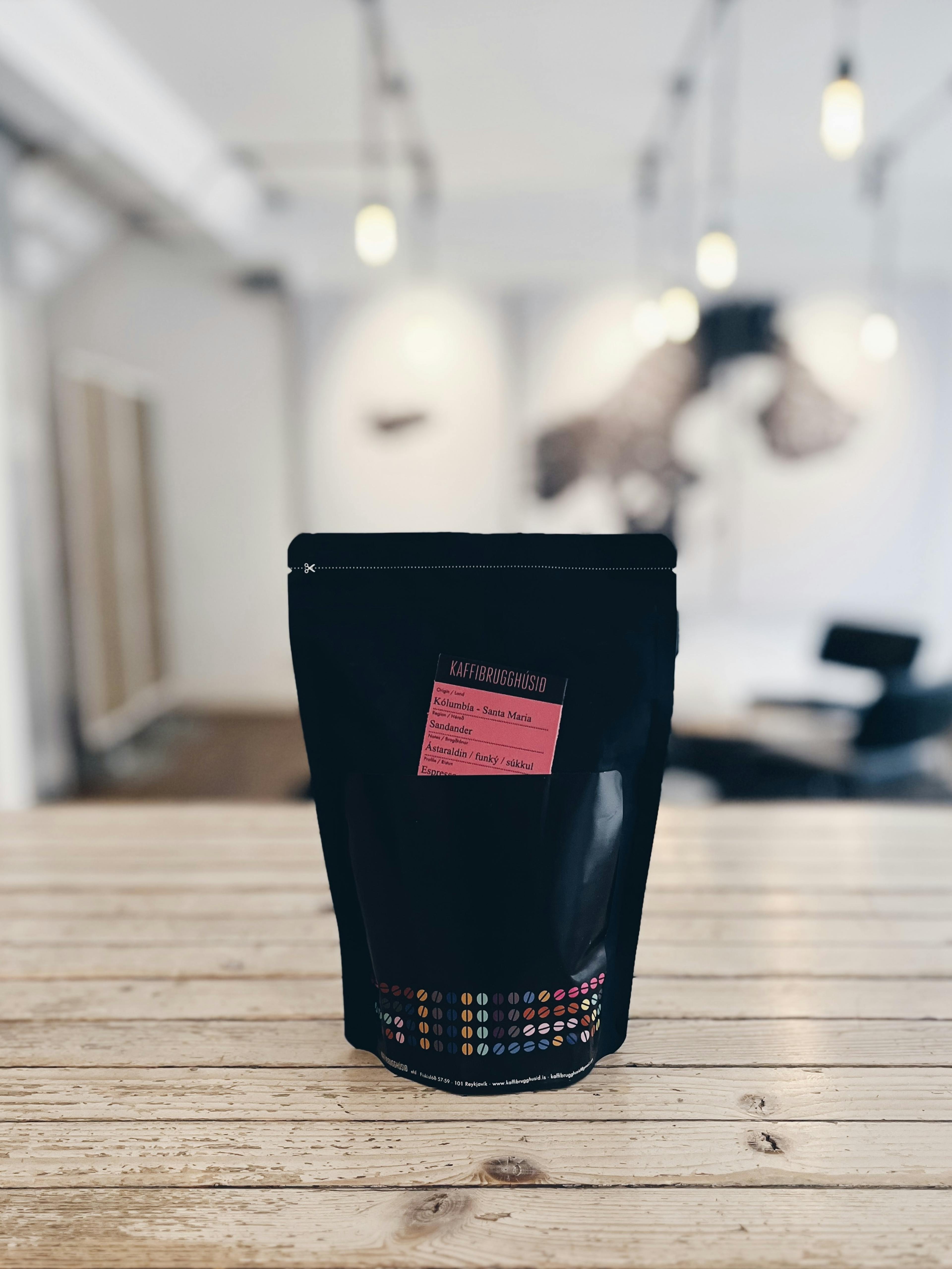 A bag of specialty coffee from Kaffibrugghúsið on a counter