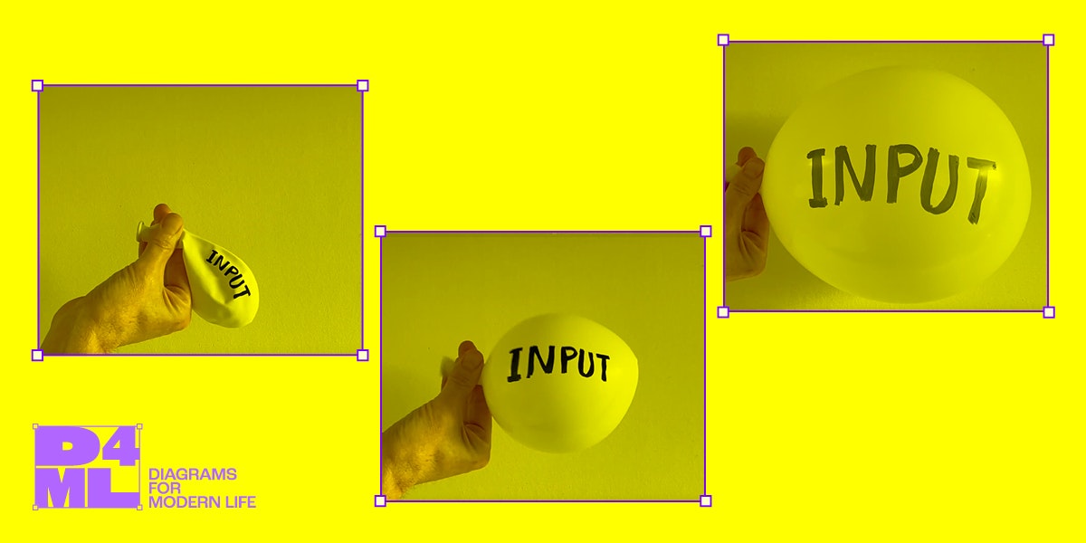 A hero image with a yellow background. A balloon is shown in three stages via three photos of being blown up. The balloon has the text "input" written on it to emphasise the point of the blog title 'Overenthusiastic Input'. With the a purple 'D4ML' tag for Diagrams For Modern Life